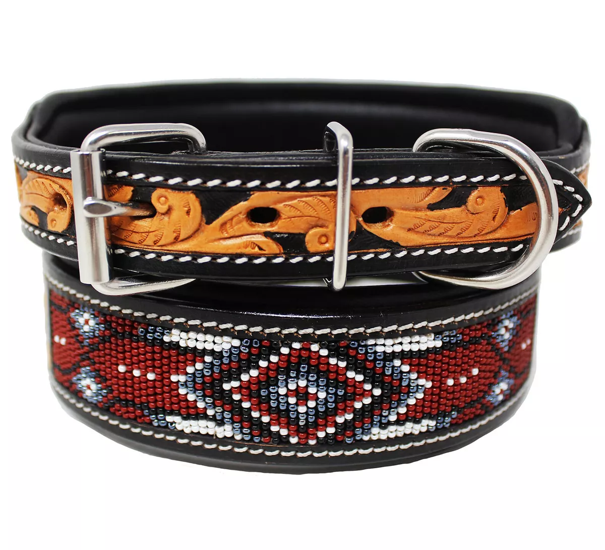 Padded Leather Dog Collar Beaded Floral Hand Tooled Western