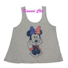 Disney Grey Minnie Mouse Patriotic Graphic Tank Top Shirt Girls Kids M,L