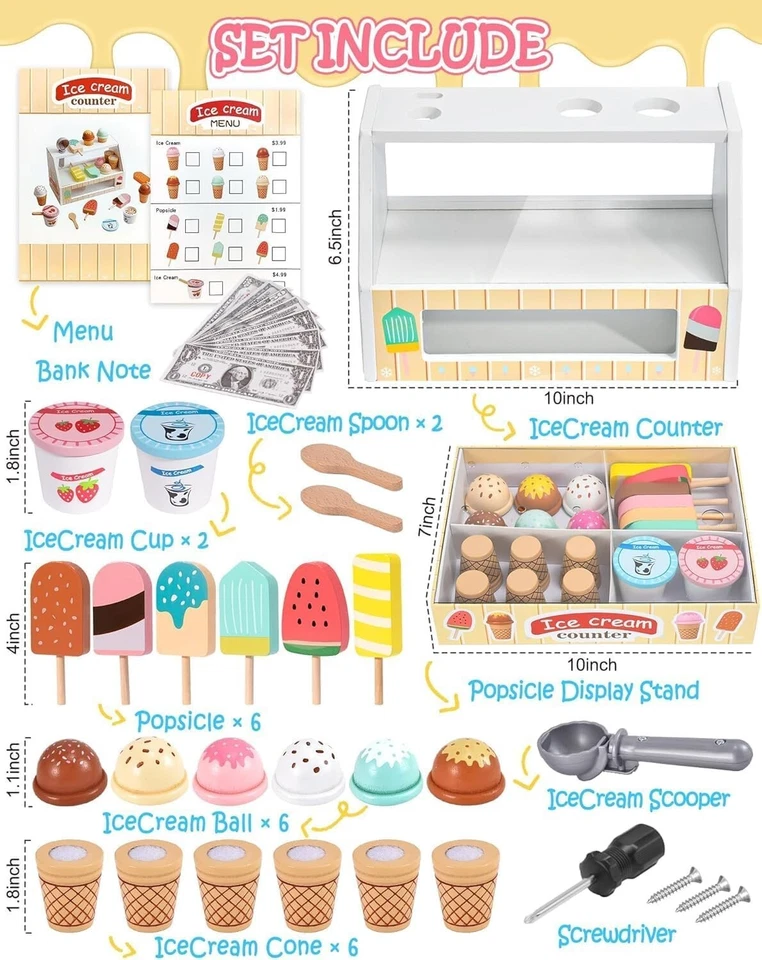 Wooden Ice Cream Toys Kids Pretend Play Store Toys for Toddlers Girls 3-5, Play - image 2 of 4