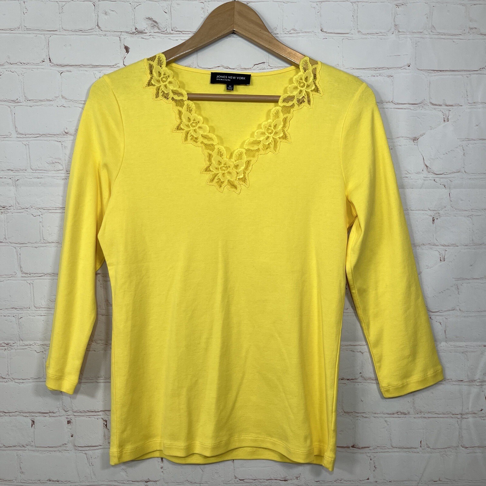 Jones New York Womens Medium Yellow Cotton Lace V-Neck Long Sleeve Shirt