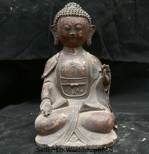 10" Ancien Tibet bouddhisme Siège en fer rouge Shakyamuni Amitabha statue de Bouddha - Photo 1/10
