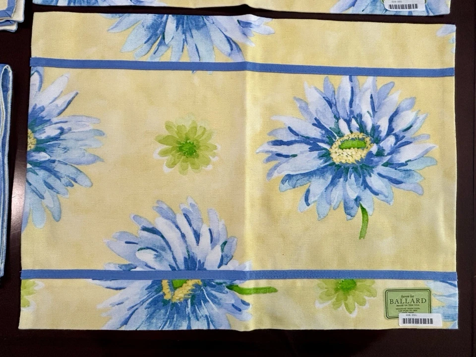 Karen Lee Ballard Placemat & Napkins Set of 2 Yellow w/ Blue Floral, Ribbon Trim - Image 4 of 4