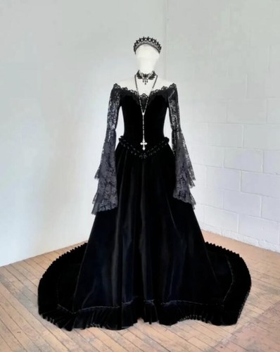 Gothic Lace Wedding Dresses Black Off Shoulder Long Sleeves Satin Bridal Gowns - Picture 2 of 9