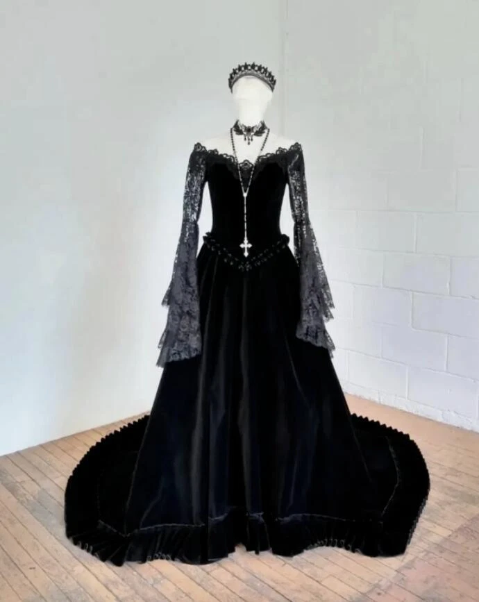 Gothic Lace Wedding Dresses Black Off Shoulder Long Sleeves Satin Bridal Gowns - Image 2 of 4