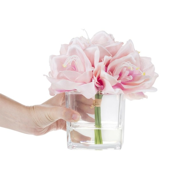 Faux Pink White Lily Floral Table Decor Centerpiece Glass Vase