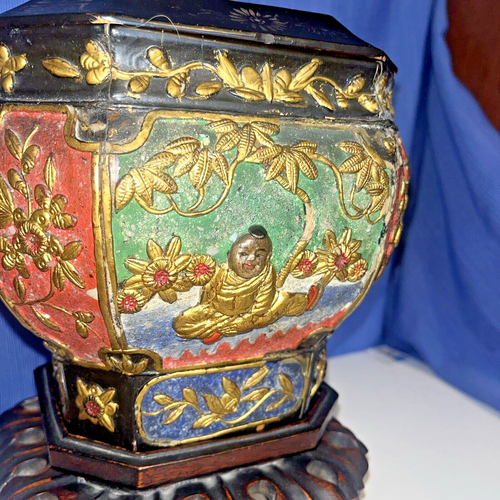 Antique Ornate Hand Carved Wood Lacquer Octagon Storage Tea Tobacco Trinket Box - Picture 4 of 23