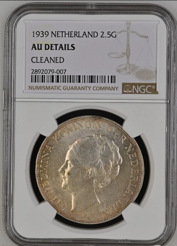 1939 NETHERLANDS 2.5 Gulden Silver Coin Utrecht Mint Welhelmina I NGC AU-Details