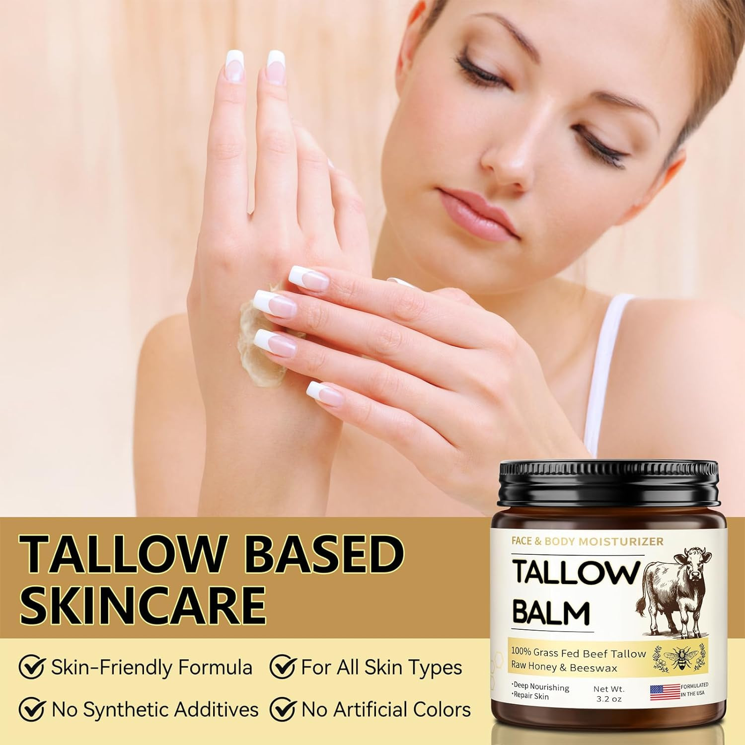 Beef Tallow for Skin, Organic Whipped Tallow and Honey Balm, Grass Fed Beef Tall