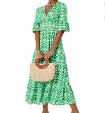 Plus Size 2XL Fit 20 22 Green Print Bohemian V-Neck Short Sleeve MIDI Dress