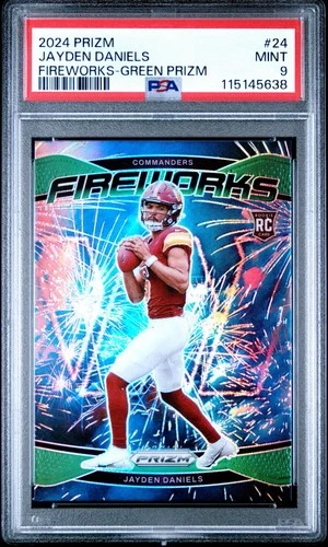 2024 Panini Prizm - Fireworks Jayden Daniels #24 Green Prizm (RC) PSA 9