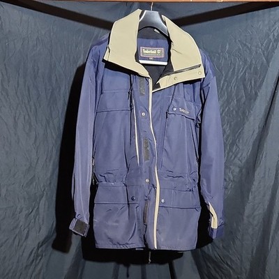 Timberland Men's Blue/Beige Hooded Parka Stand-Up Zip/Button Jacket Size S
