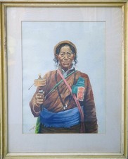Tibetan beggar man ethnic attire Tibet vintage watercolor painting Goray Douglas