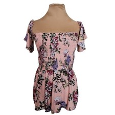 ADAM LEVINE Cold Shoulder Smocked Peplum Blouse Peach Floral Women's Large
