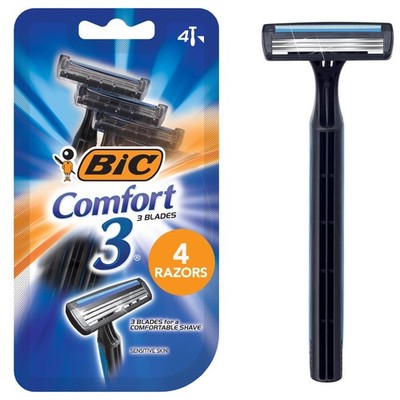 BIC Comfort 3 Disposable Razors for Men, 4 Disposable Razors With 3 Blades