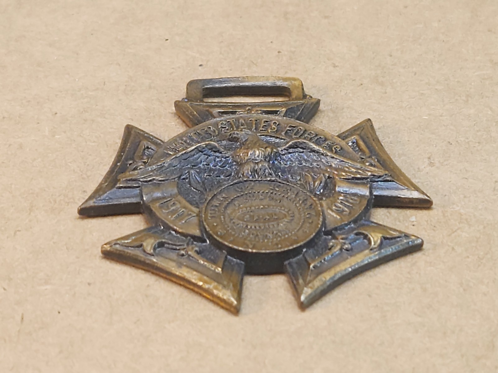 US Forces 1917-1918 Kearny NJ Presentation Watch Fob Medal Brass 1.75" W&H Co