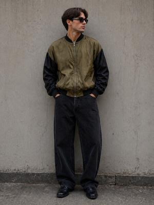 Vintage Protest 100% Silk Bomber Jacket XL Oversized Olive Green Black Y2K 90's