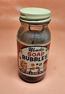 Vintage Wonder Bubbles Soap Bottle Empty With Wand Inside Embossed Bottle 
