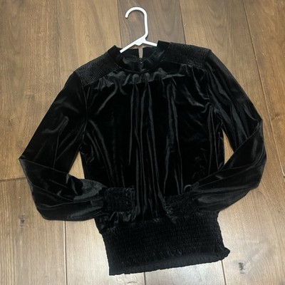 Laundry by Shelli Segal Velour Long-Sleeve Smocked Blouse Sz Xsmall XS Black