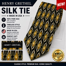 New Men's Henry Grethel Tie Black/Yellow Geometric Silk Made in USA NWOT