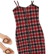 SHEIN Rust Red Plaid O-Ring Zip Front Bodycon Dress Size XS Stretch Knit Mini
