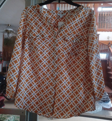 Notations Women's Button-Up NWT Blouse Large Orange & White
