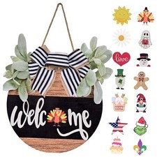 Interchangeable Seasonal Welcome Sign Front Door Decoration Rustic Round Wood