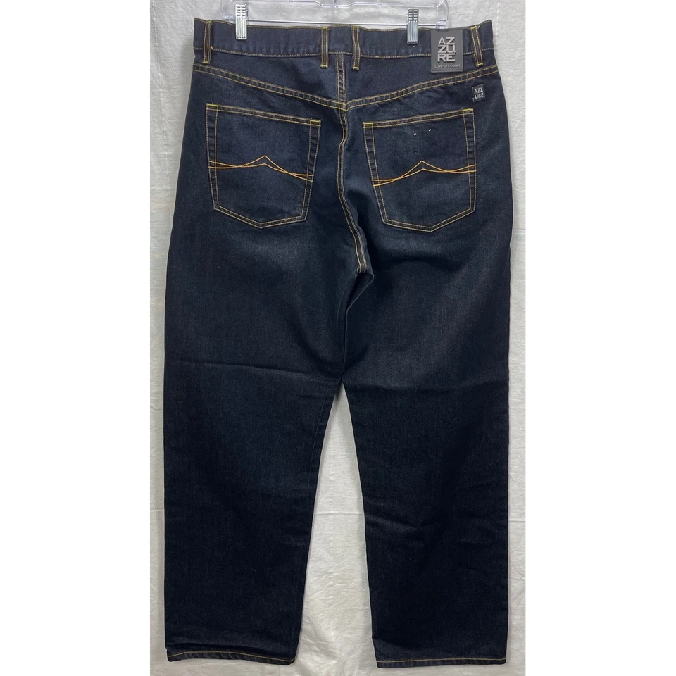 Pantalones de mezclilla Azzure Love Life para hombre talla 38 con detalles de puntada amarilla lavado oscuro Foto 3 de 4