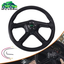 Black 14inch Universal Leather Racing Steering Wheel Drifting Flat Dish 6 Bolt