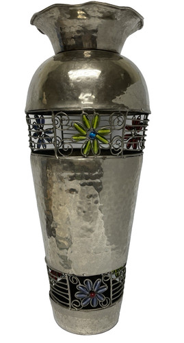 Vtg India Hammered Silver Chrome Jeweled Flower Umbrella Dry Vase 19" Stand
