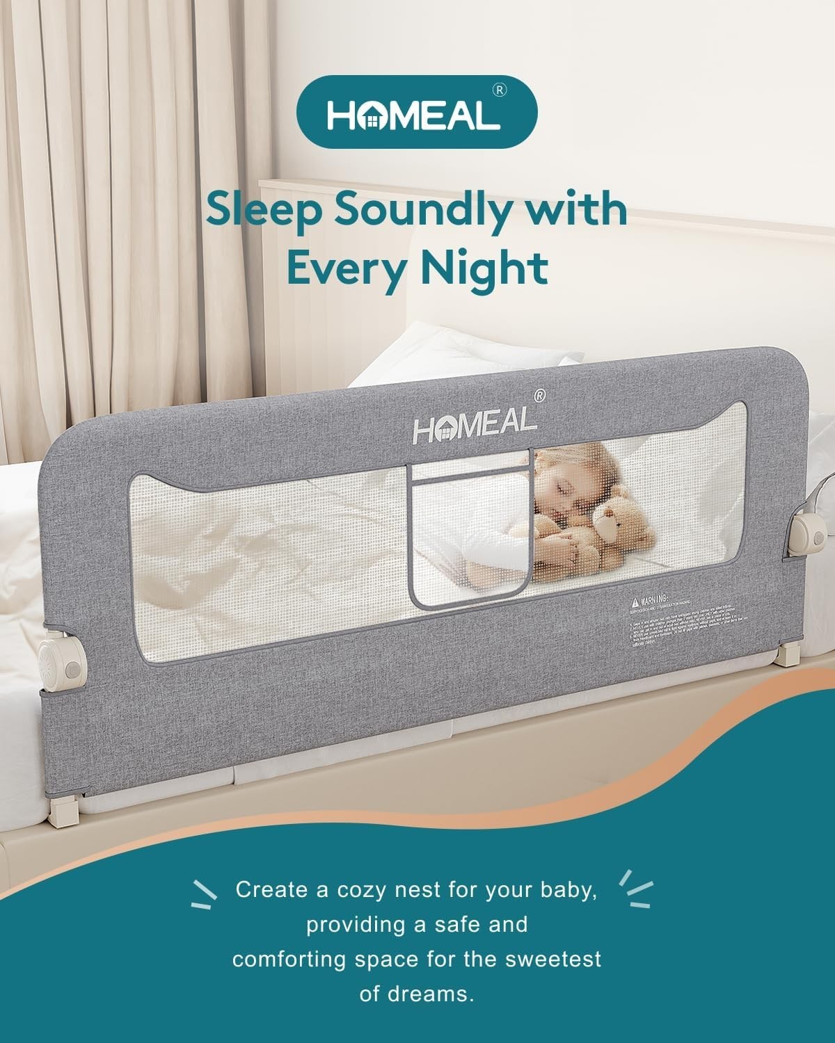 HOMEAL Bed Rail for Toddlers, 59in Swing Down Baby Bed Rail Guard, Grey