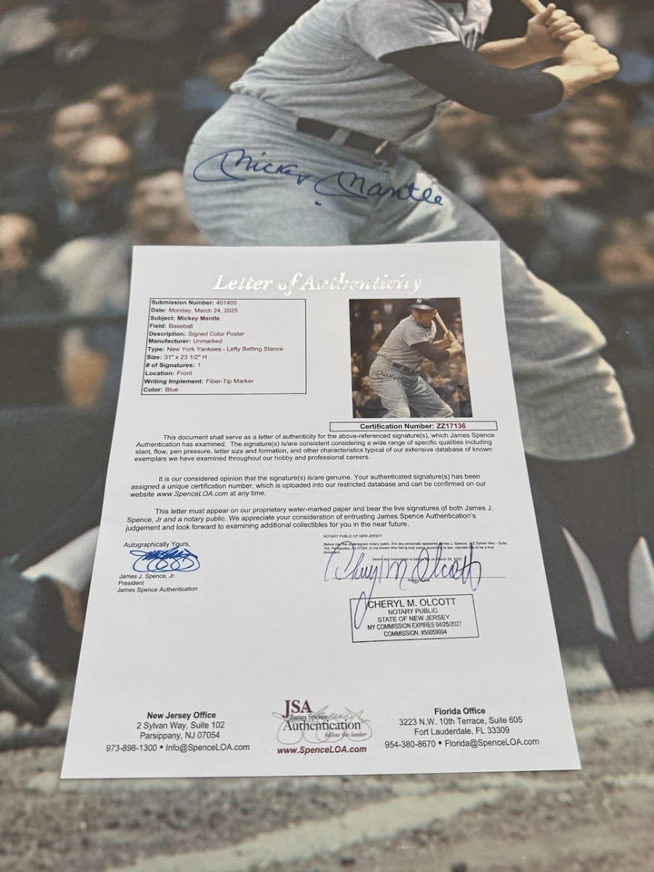 Mickey Mantle Autographed Poster Lefty Batting Stance HOF Yankees JSA Signed  - Image 2 of 4