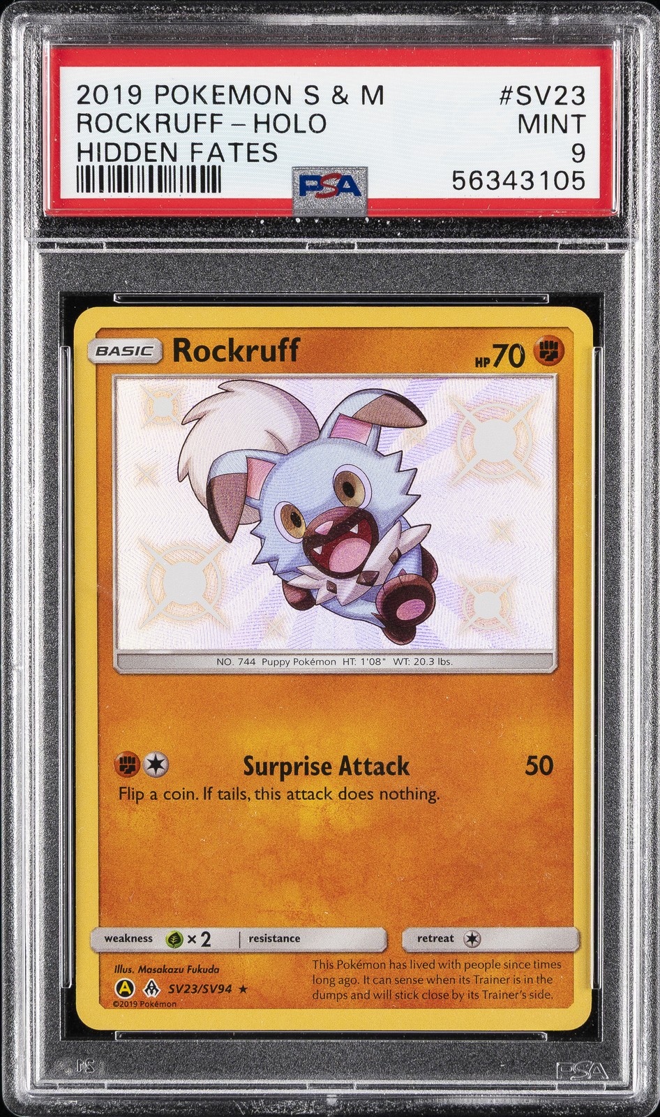 2019 POKEMON SUN & MOON HIDDEN FATES #SV23 ROCKRUFF-HOLO PSA 9