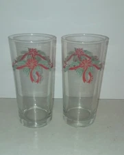 2 Anchor Hocking Poinsettia and Holly Ribbon Drink Glasses Christmas Barware
