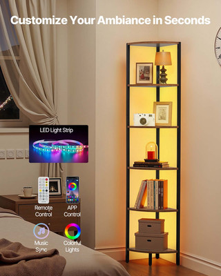 VEVOR 6 Tier Corner Shelf with LED Light, 68'' Tall Corner Bookshelf with Storage