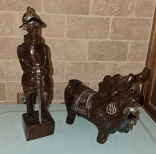 Don Quixote 12"h. & Bull Oak Wood Figurines Sterling Silver Components Antique