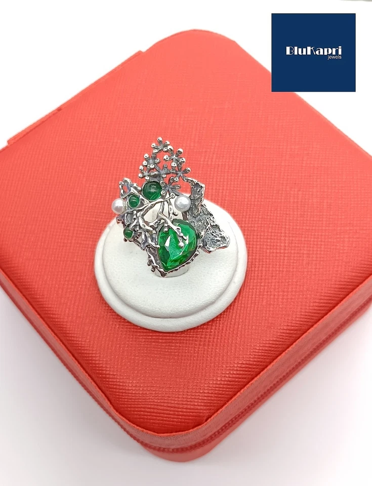 Anello donna argento 925 con pietra verde e perline gioiello artigianale orafo - Immagine 2 di 4