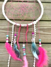 Boho Handmade Dreamcatcher Large Pink White And Teal