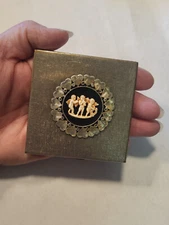 Vintage VOLUPTE Gold Tone Celluloid Angel Orchestra with Hearts Powder Compact