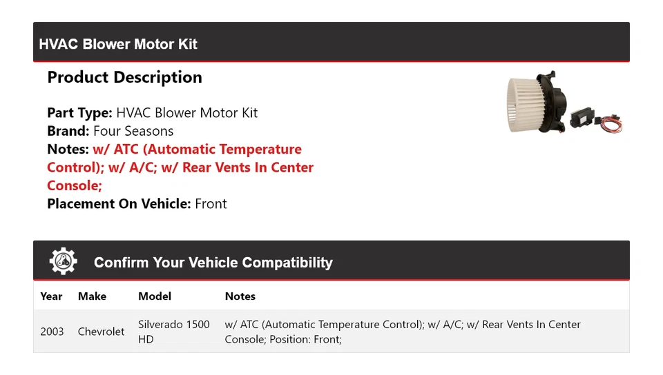 Kit de motor soplador delantero 4 estaciones para Chevrolet Silverado 1500 HD 2003 HVAC Foto 2 de 3