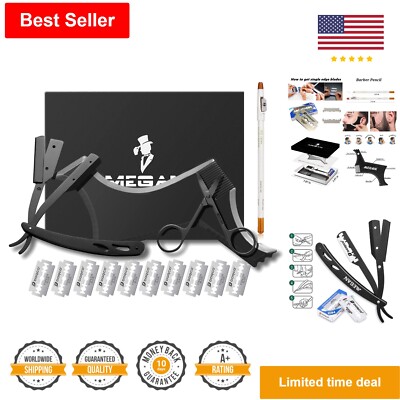 Premium Beard Shaping Tool - Straight Edge Razor, 10 Blades, Pencil, Scissors