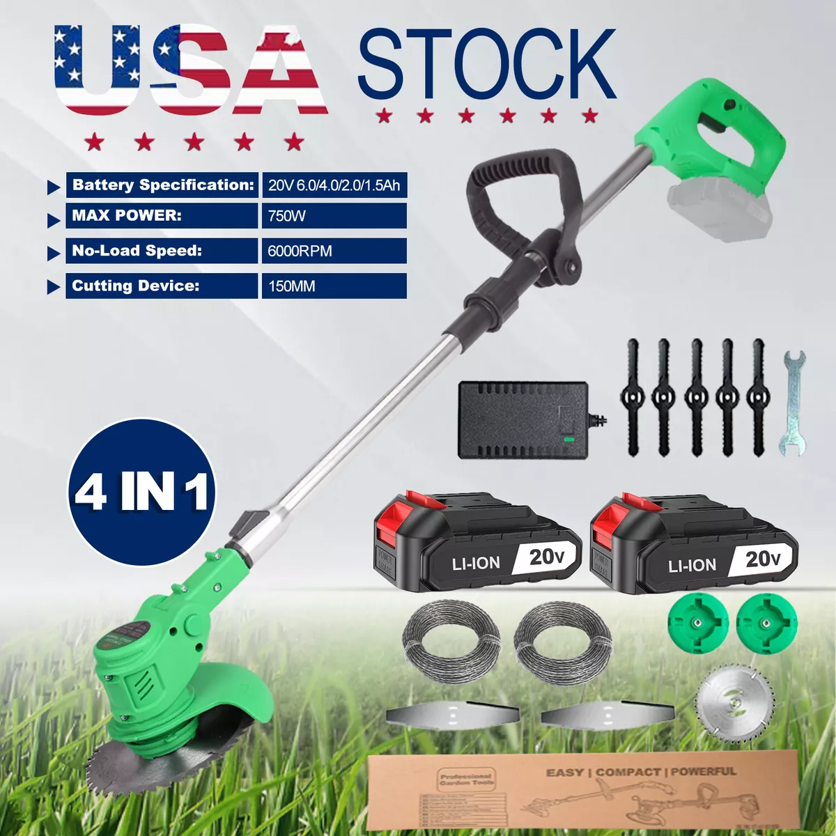 Tegatok Cordless 20V Grass String Trimmer Cutter Electric Weed Eater Lawn Edger