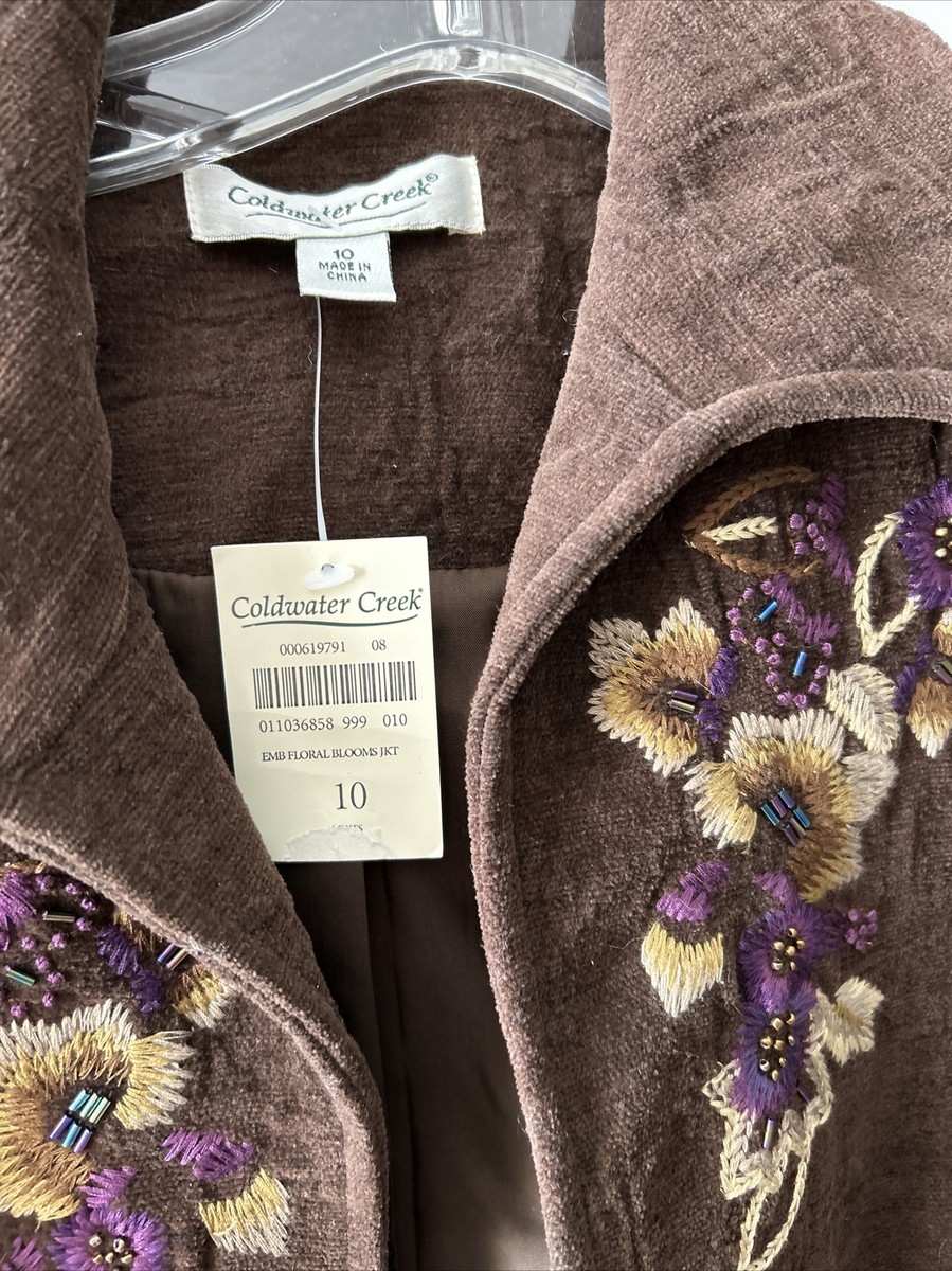 Coldwater Creek Vintage Women's Embroidered Floral Brown Lined