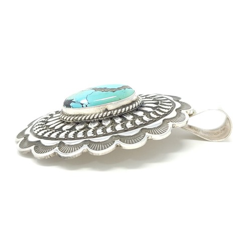 Andy Cadman Handmade Navajo Sterling Silver Concho Pendant Nevada Turquoise - Picture 6 of 7