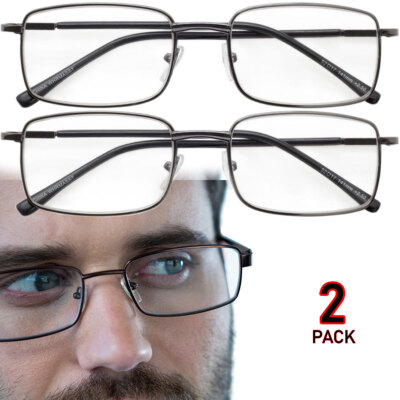 Reading Glasses Mens Womens Metal Spring Hinge 2 PACK Square Frame Readers