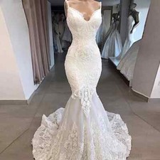 Elegant Spaghetti Strap Wedding Dresses Mermaid Lace Appliques Bridal Gowns