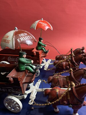 2 Vintage Cast Iron Horse Drawn Carriages-Coca Cola AND Fresh Fruit & Vegetables