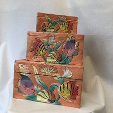 vintage Primitive handcarved and painted nesting boxes ocean themed
