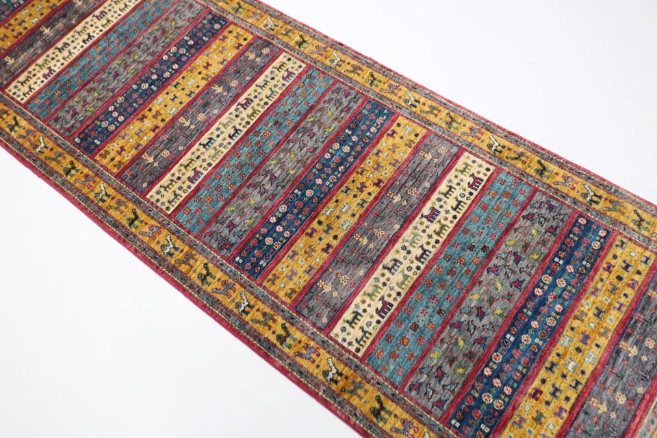 8 ft Hallway Tribal Animal Print Runner Rug Afghan Hand Knotted 100% Wool Rug - Image 2 of 4