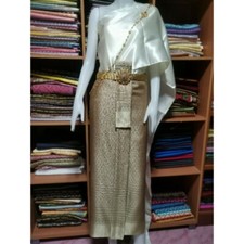 Thai Traditional Wedding Dress Cloth Skirt Top Asia Brown Color Not include jewe