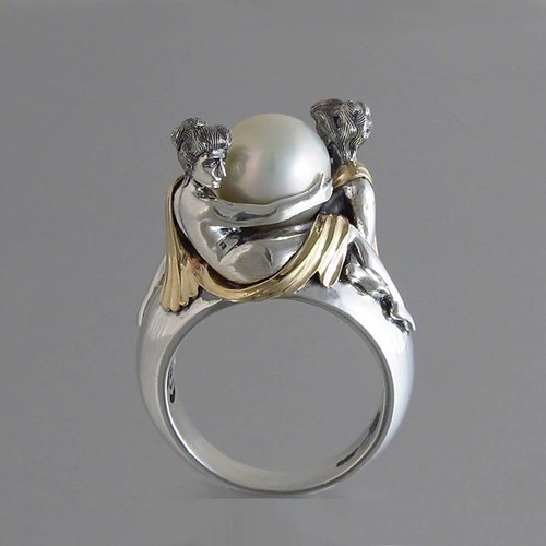 Black White Pearl Rings - Vintage Style Punk Metal Ring Eternity Band Jewelry - Picture 9 of 13